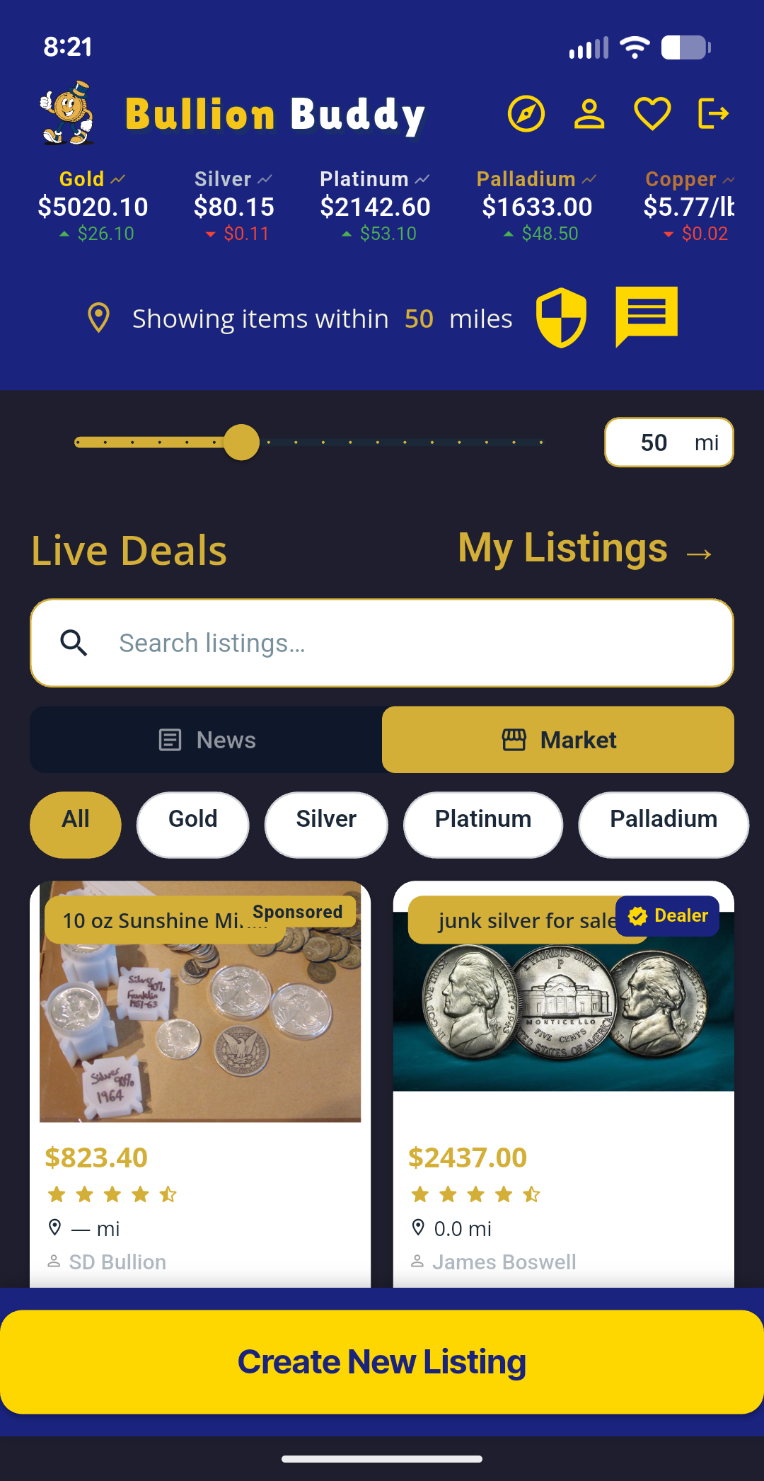Live marketplace with listings and spot prices