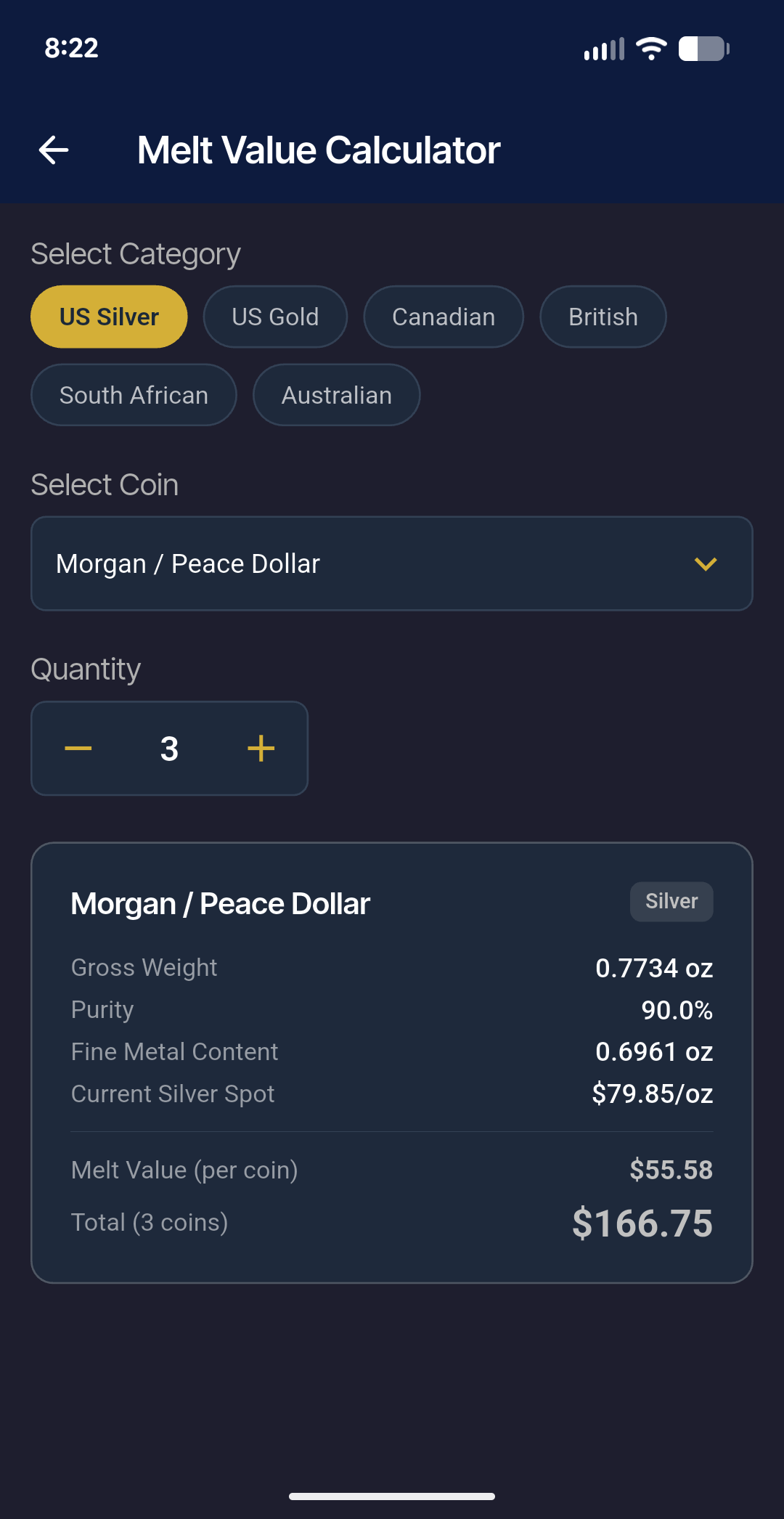 Melt value calculator for US Silver coins