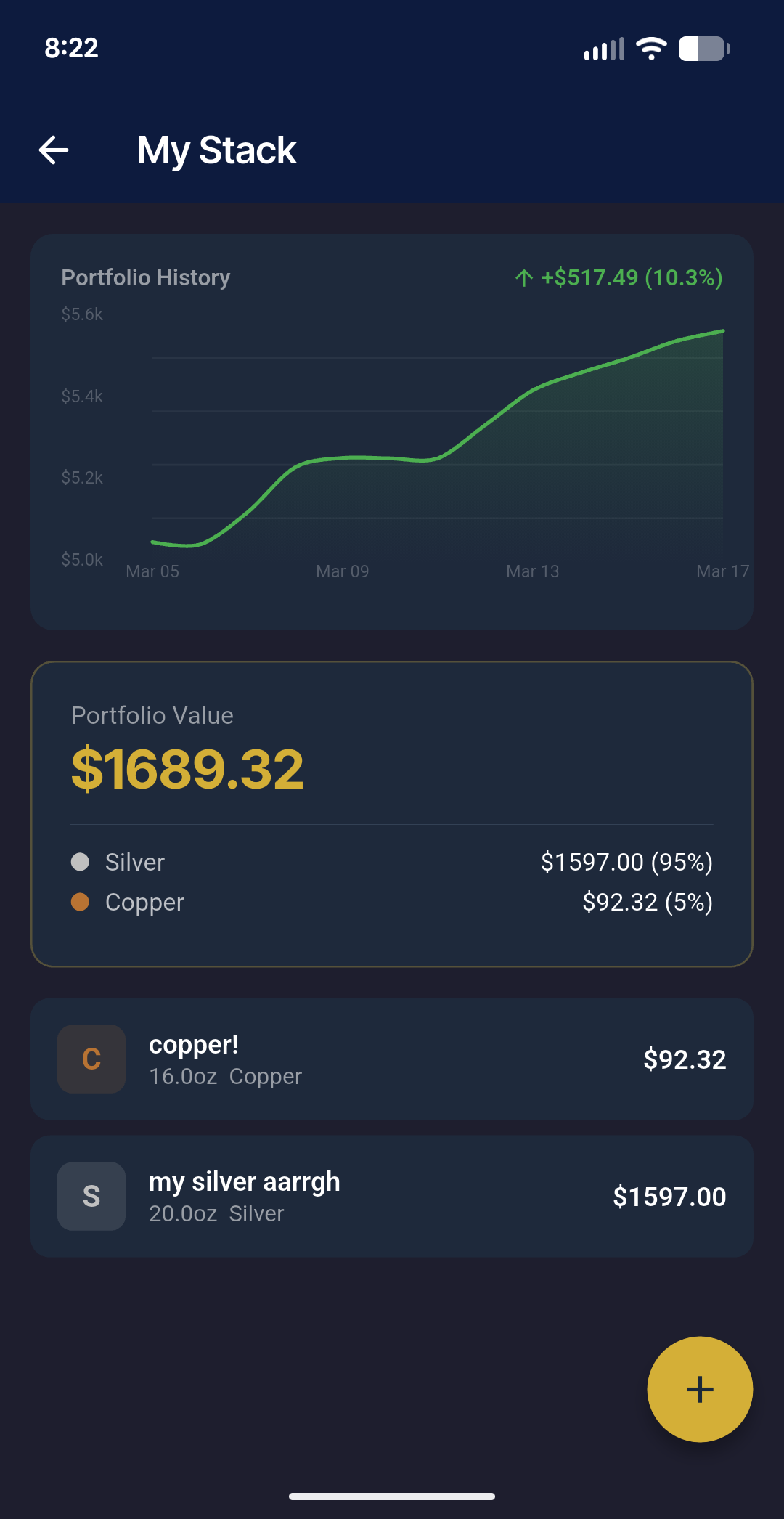 My Stack portfolio tracker with history chart