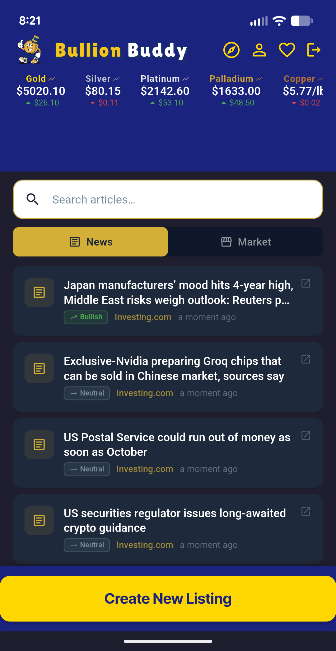 News feed with bullish/neutral sentiment tags
