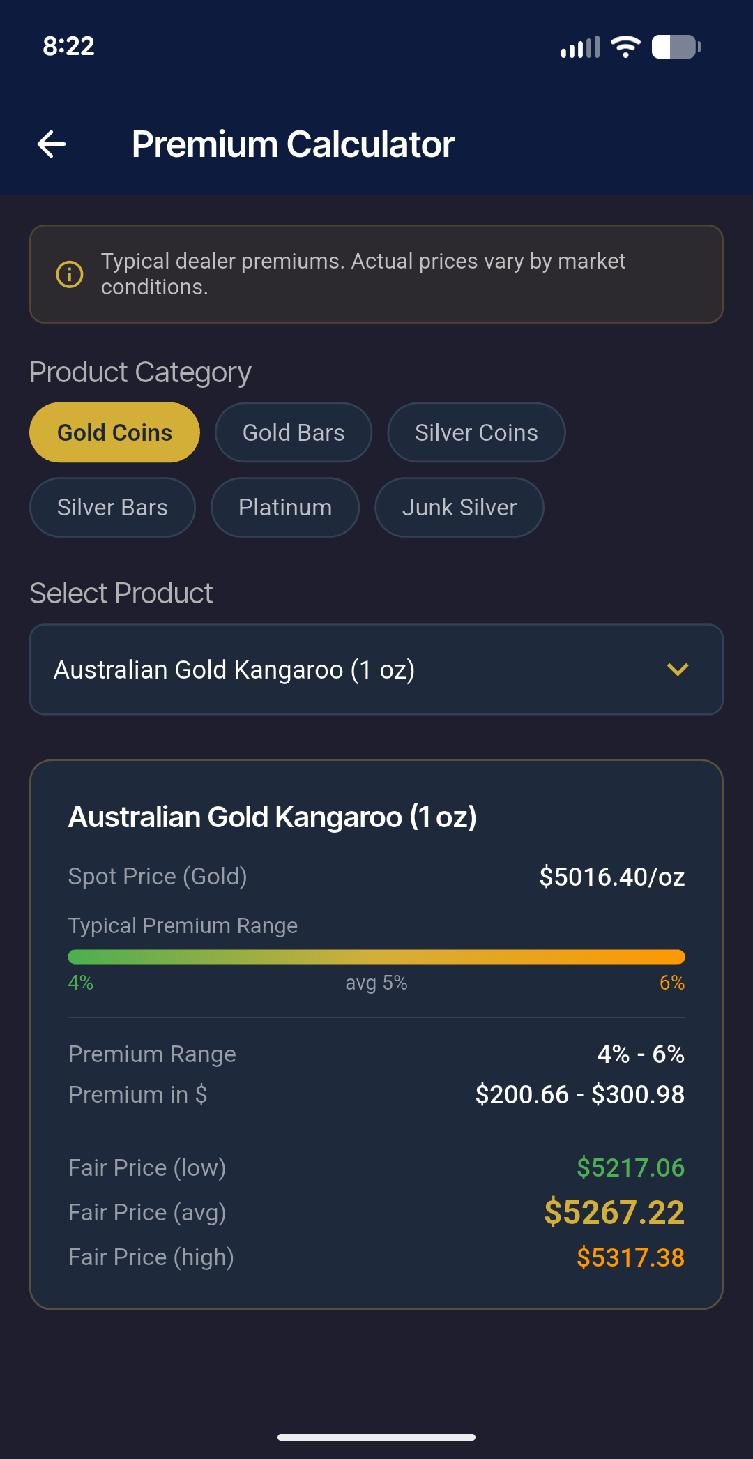 Premium calculator showing fair price for gold coins
