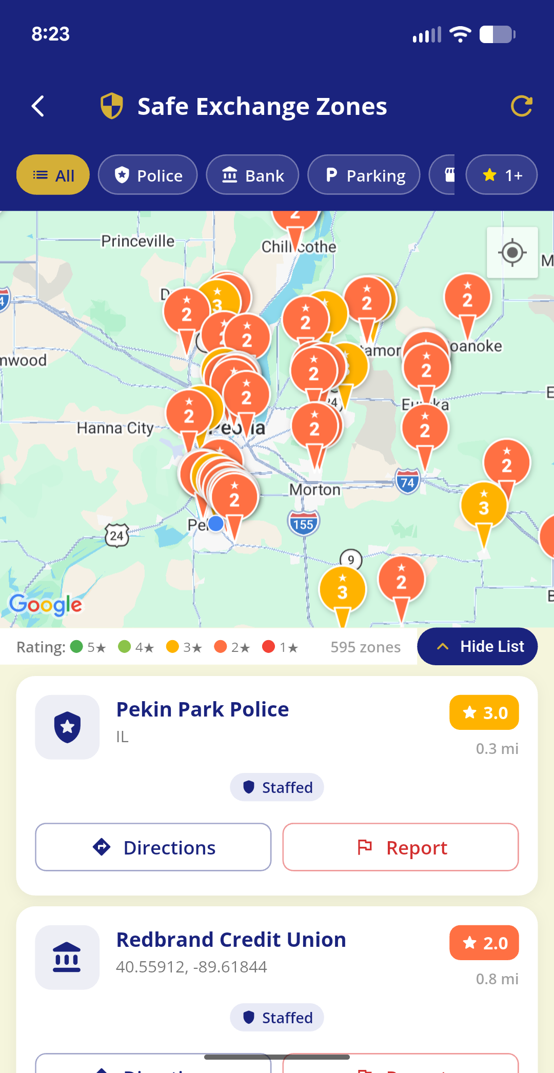 Safe Exchange Zones map with police stations and banks